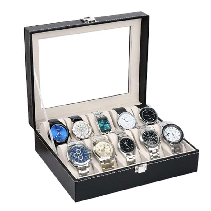 10 Slot Watch Display Case Holder/Organizer| Leather Real Glass Lid