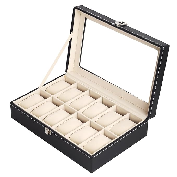 12 Slot Watch Display Case Holder/Organizer| Leather Real Glass Lid