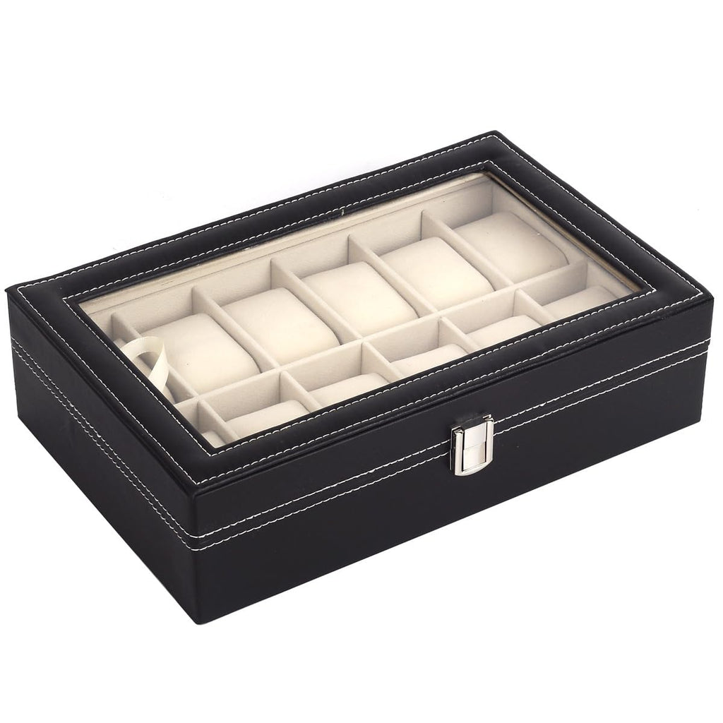 12 Slot Watch Display Case Holder/Organizer| Leather Real Glass Lid