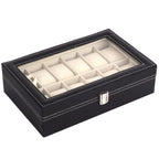 12 Slot Watch Display Case Holder/Organizer| Leather Real Glass Lid