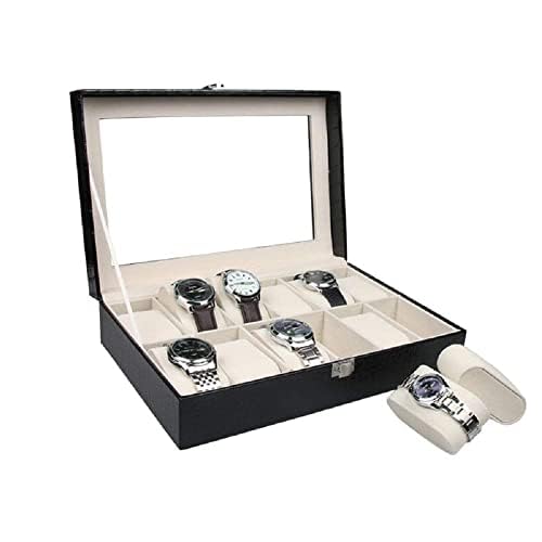 12 Slot Watch Display Case Holder/Organizer| Leather Real Glass Lid