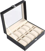 10 Slot Watch Display Case Holder/Organizer| Leather Real Glass Lid