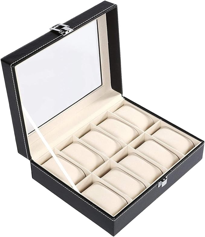 10 Slot Watch Display Case Holder/Organizer| Leather Real Glass Lid