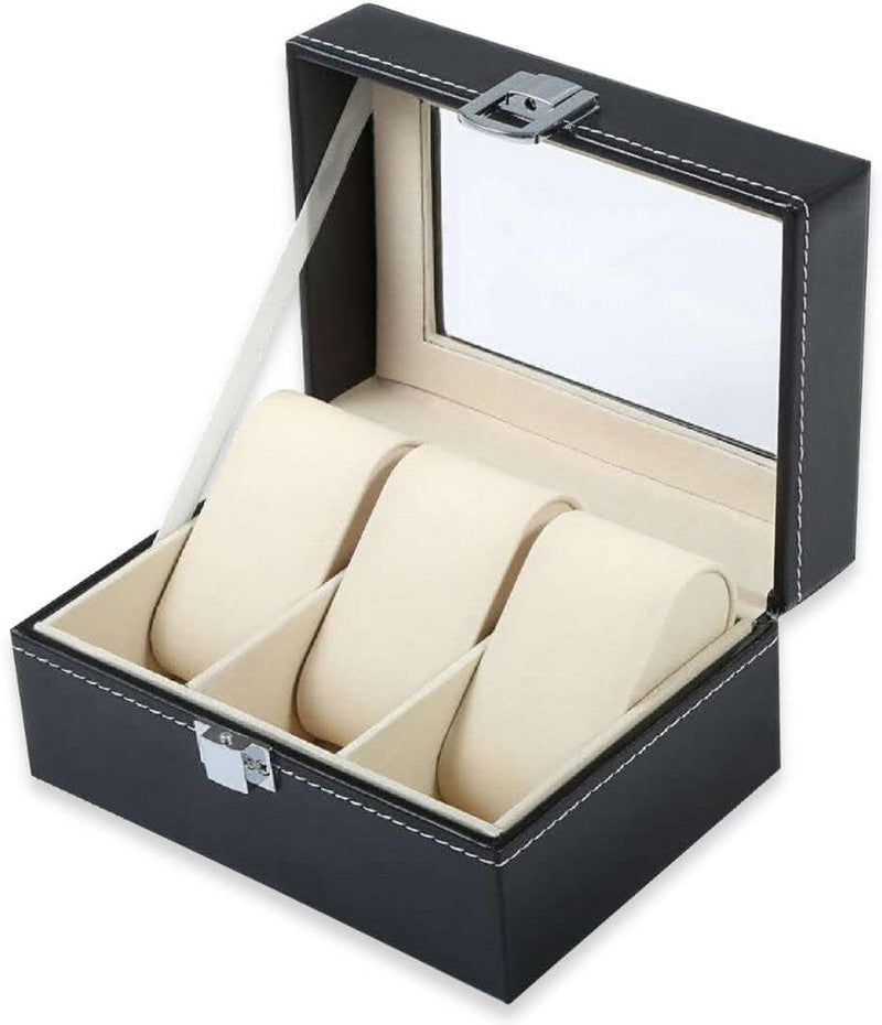 3 Slot Watch Display Case Holder/Organizer| Leather Real Glass Lid