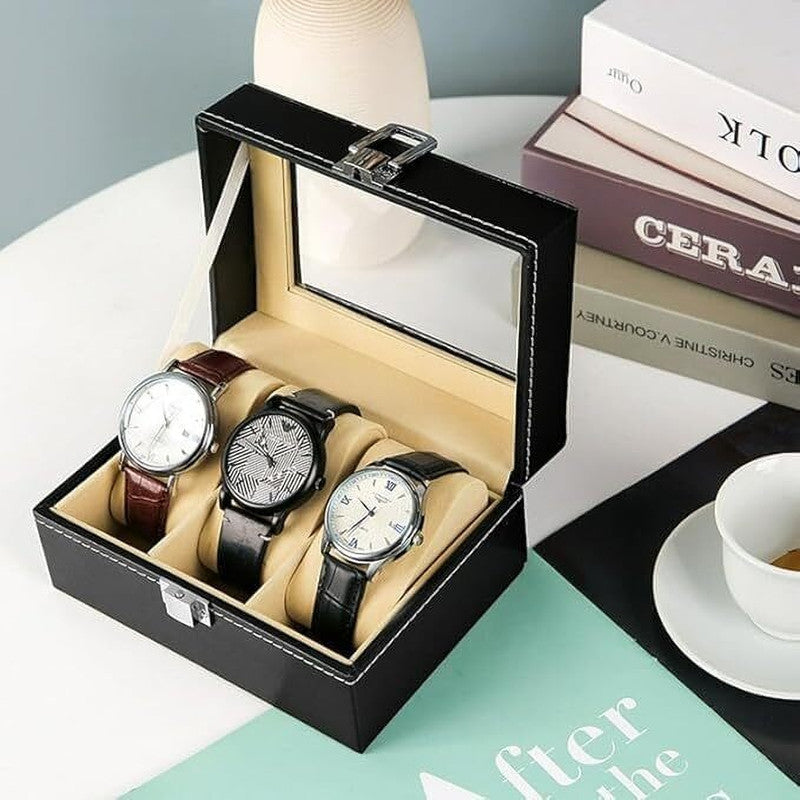 3 Slot Watch Display Case Holder/Organizer| Leather Real Glass Lid