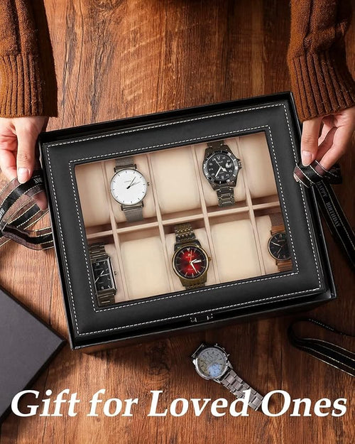 10 Slot Watch Display Case Holder/Organizer| Leather Real Glass Lid