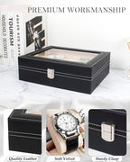 10 Slot Watch Display Case Holder/Organizer| Leather Real Glass Lid