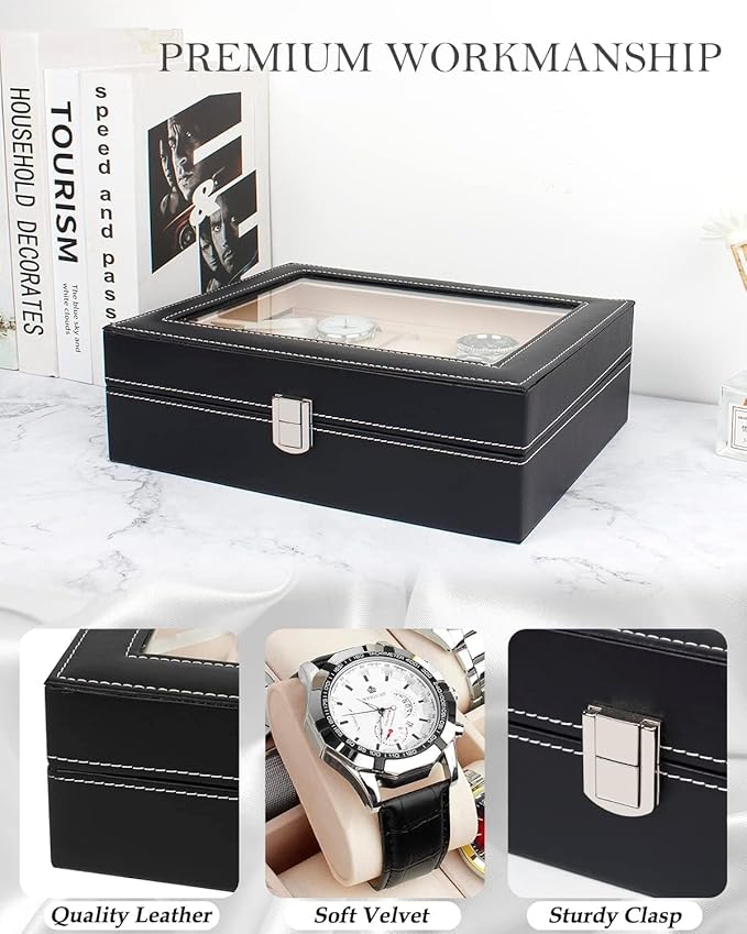 10 Slot Watch Display Case Holder/Organizer| Leather Real Glass Lid