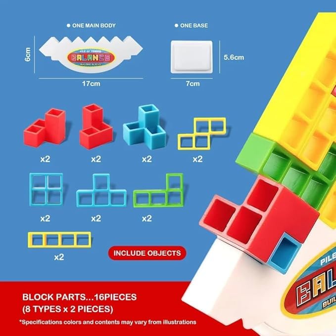 Swinging Tower Balance Blocks Game – 16 Pcs Stacking Toy with 22 Challenge Cards | Fun Skill-Building Game for Kids Ages 3–14 | Indoor Family, Birthday Gift for Boys & Girls