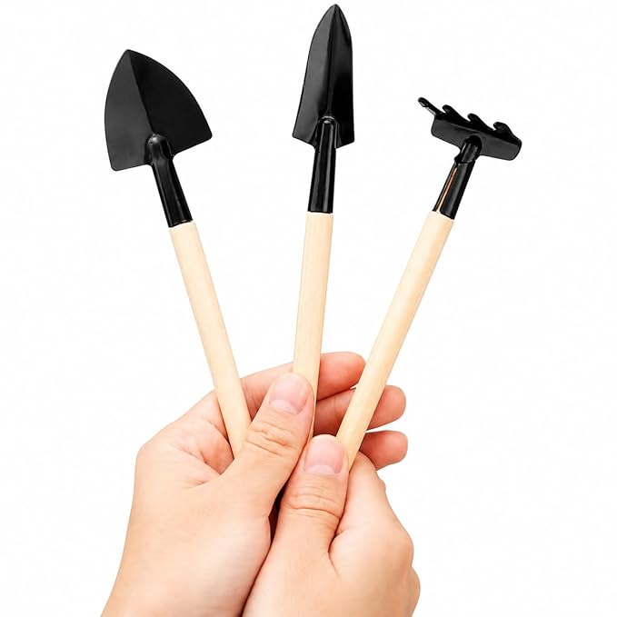 3 in 1 Garden Tool Set for Home Gardening with Wooden Handle - Hand Cultivator, Digging Trowel, Fork Tool Kit for Indoor Plants, Balcony Pots, Nursery, Soil Loosening Set of 3