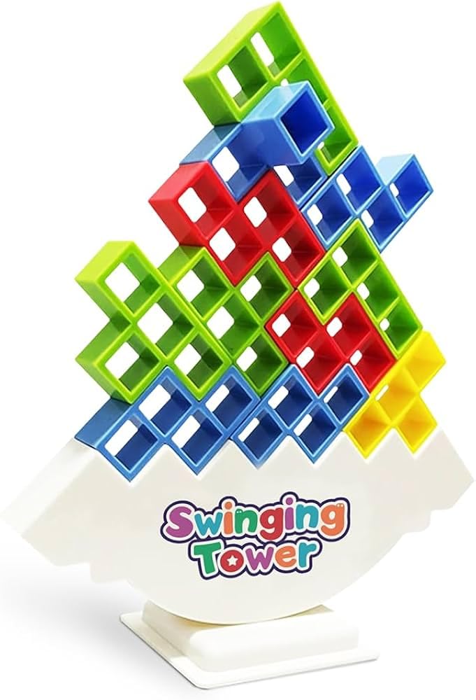 Swinging Tower Balance Blocks Game – 16 Pcs Stacking Toy with 22 Challenge Cards | Fun Skill-Building Game for Kids Ages 3–14 | Indoor Family, Birthday Gift for Boys & Girls
