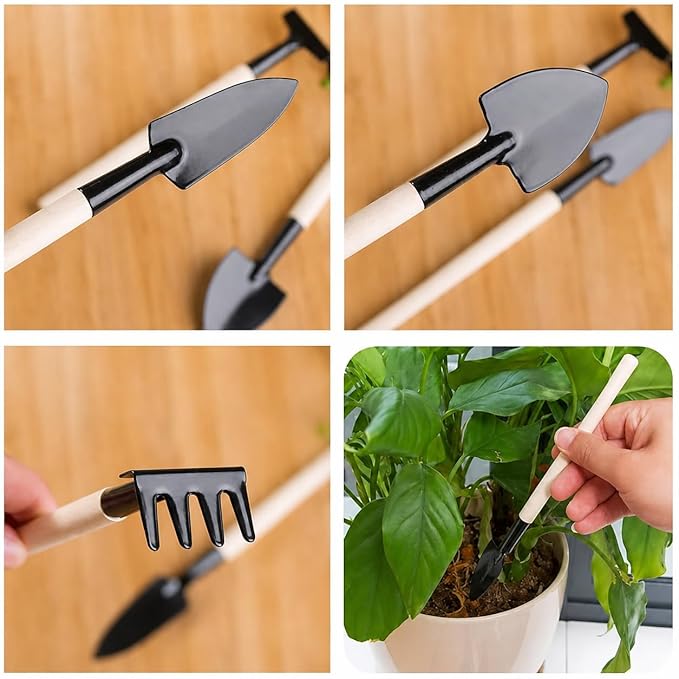 3 in 1 Garden Tool Set for Home Gardening with Wooden Handle - Hand Cultivator, Digging Trowel, Fork Tool Kit for Indoor Plants, Balcony Pots, Nursery, Soil Loosening Set of 3