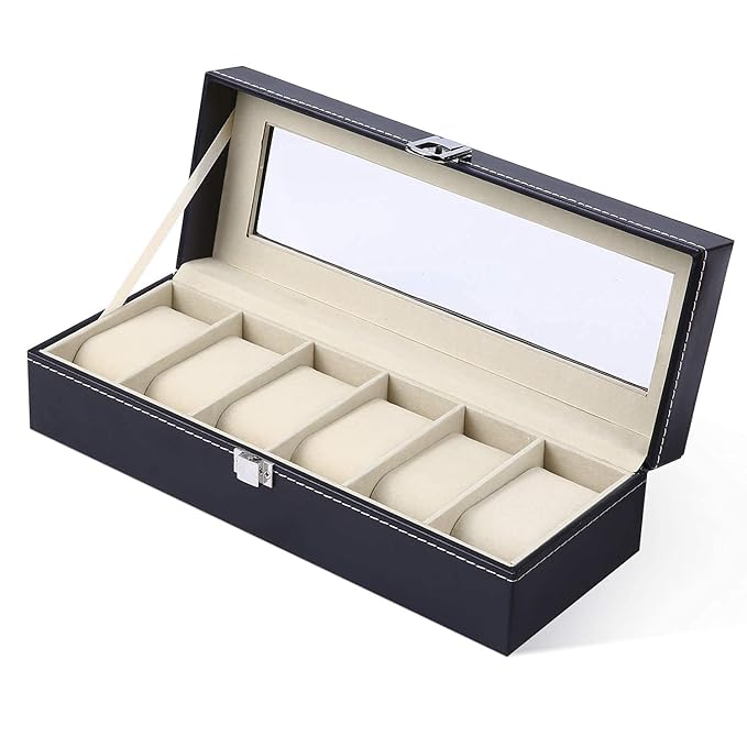 6 Slot Watch Display Case Holder/Organizer| Leather Real Glass Lid