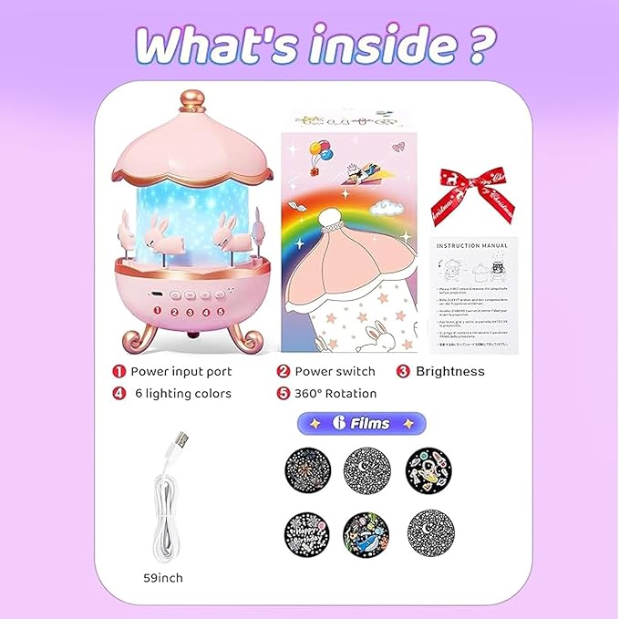 Night Light Rabbit Sky Projector for Kids – 360° Rotating Lamp with 6 Films| 5 Colours and Rechargeable Battery.