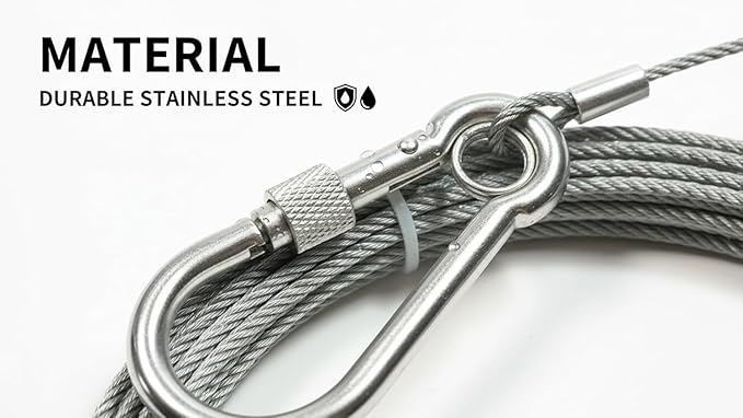 Heavy Duty Stainless Steel Clothesline Wire Rope with Carabineer Hooks, Portable Rustproof Laundry Drying Rope Cable for Balcony Garden Home Indoor Outdoor Uses (3 Meter)