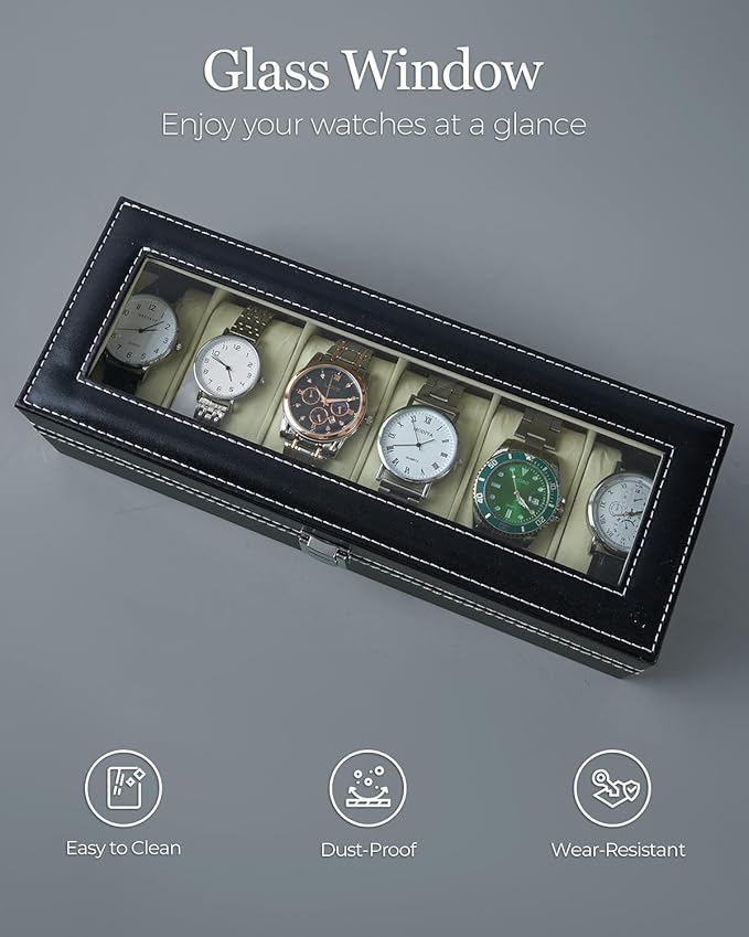6 Slot Watch Display Case Holder/Organizer| Leather Real Glass Lid