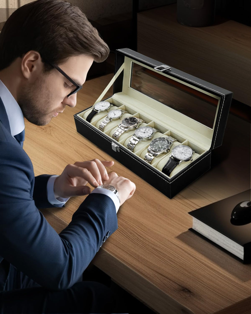6 Slot Watch Display Case Holder/Organizer| Leather Real Glass Lid