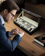 6 Slot Watch Display Case Holder/Organizer| Leather Real Glass Lid