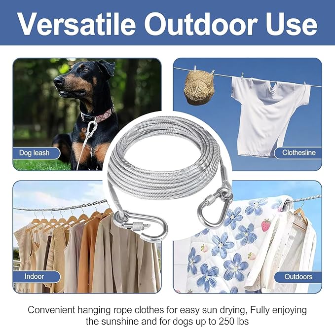 Heavy Duty Stainless Steel Clothesline Wire Rope with Carabineer Hooks, Portable Rustproof Laundry Drying Rope Cable for Balcony Garden Home Indoor Outdoor Uses (3 Meter)