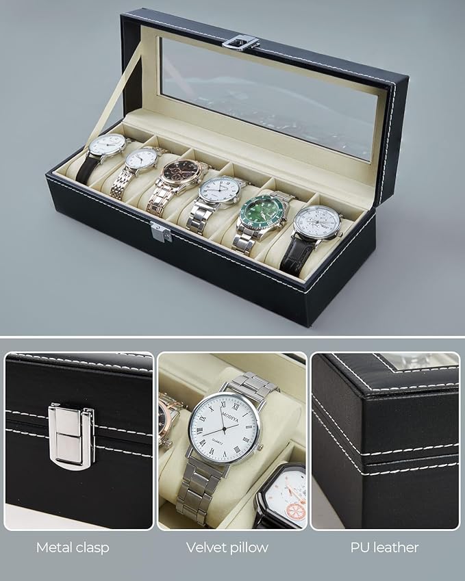 6 Slot Watch Display Case Holder/Organizer| Leather Real Glass Lid
