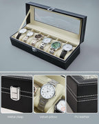 6 Slot Watch Display Case Holder/Organizer| Leather Real Glass Lid