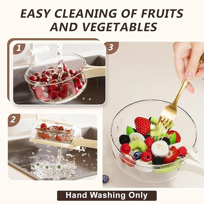 2-in-1 Fruit & Vegetable Washer and Strainer Bowl with Drain Lid – Food Washing, Rinsing & Storage Basket for Produce, Salad, Tomatoes, Grapes & Berries – Kitchen Colander