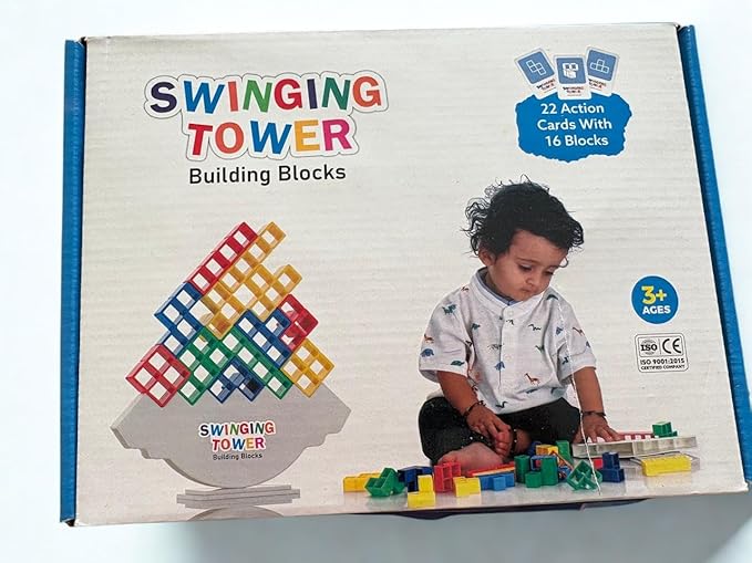 Swinging Tower Balance Blocks Game – 16 Pcs Stacking Toy with 22 Challenge Cards | Fun Skill-Building Game for Kids Ages 3–14 | Indoor Family, Birthday Gift for Boys & Girls
