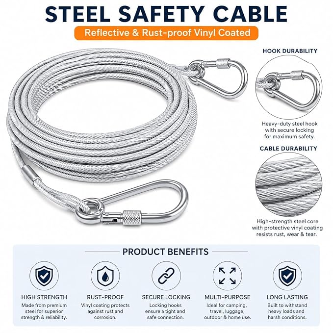 Heavy Duty Stainless Steel Clothesline Wire Rope with Carabineer Hooks, Portable Rustproof Laundry Drying Rope Cable for Balcony Garden Home Indoor Outdoor Uses (3 Meter)