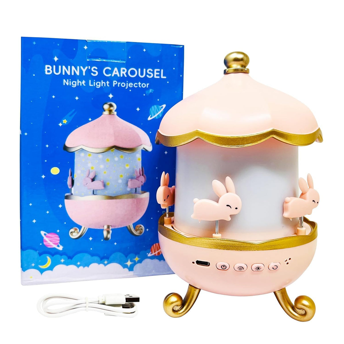 Night Light Rabbit Sky Projector for Kids – 360° Rotating Lamp with 6 Films| 5 Colours and Rechargeable Battery.