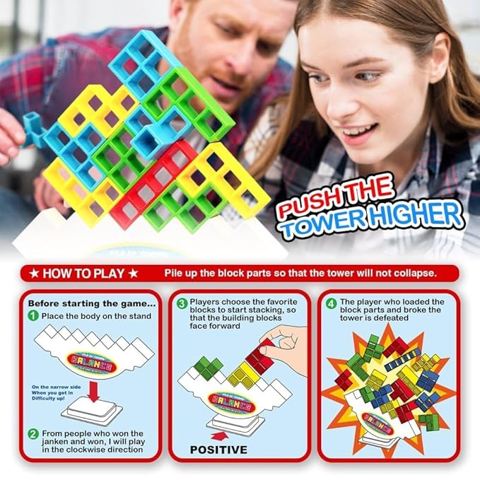 Swinging Tower Balance Blocks Game – 16 Pcs Stacking Toy with 22 Challenge Cards | Fun Skill-Building Game for Kids Ages 3–14 | Indoor Family, Birthday Gift for Boys & Girls