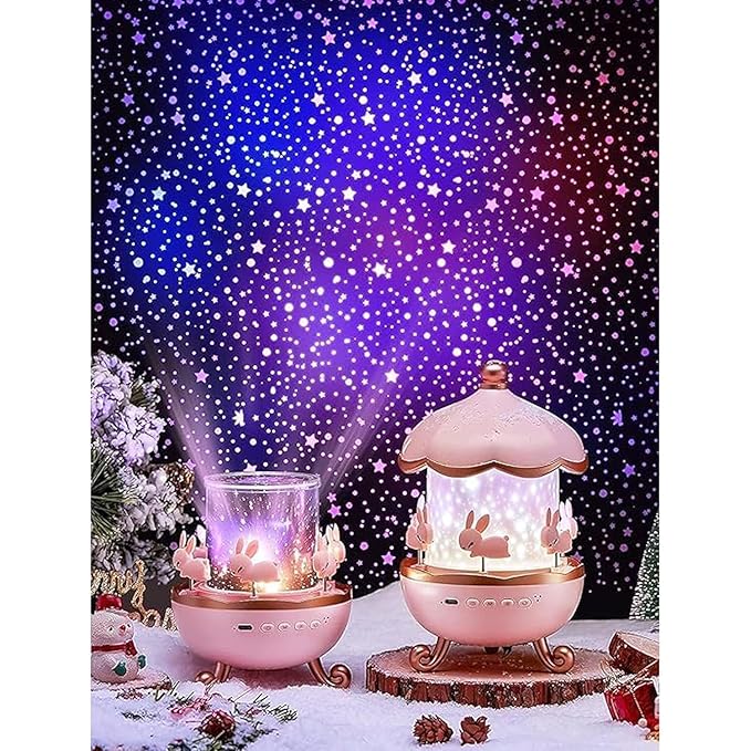 Night Light Rabbit Sky Projector for Kids – 360° Rotating Lamp with 6 Films| 5 Colours and Rechargeable Battery.