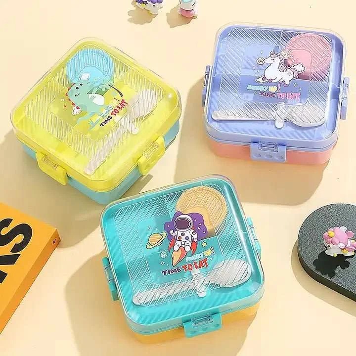 Cartoon Style Double Layers Kids Lunch Box| Plastic Leakproof 6 Compartment| Microwave Safe