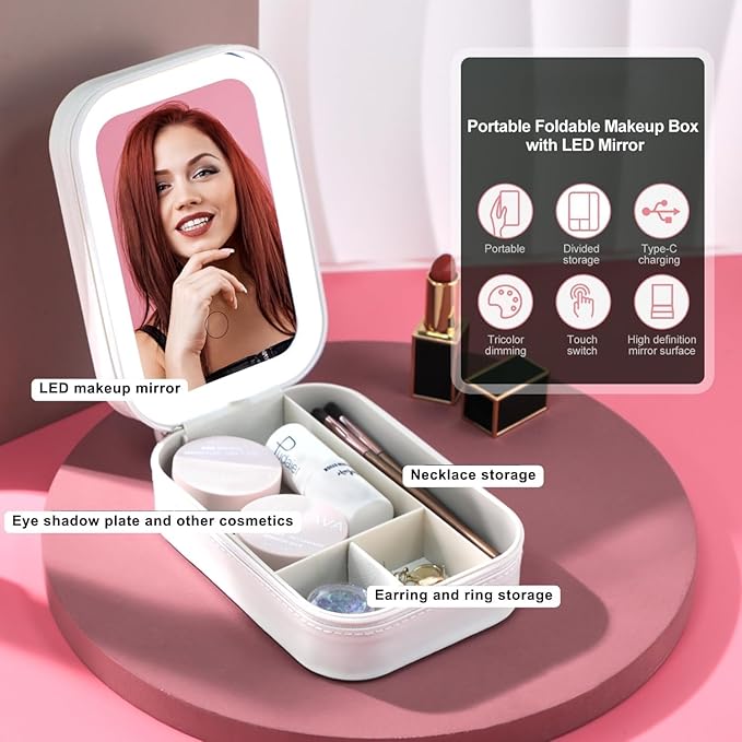 LED Makeup Box With Adjustable Mirror|Portable Cosmetic Organizers For Women
